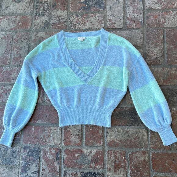 For Love & Lemons Knitwear Mint & Blue Size S Long Balloon Sleeve V-Neck - Picture 1 of 3